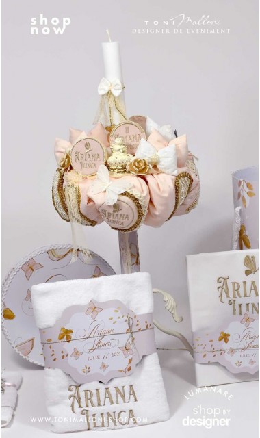 Trusou botez personalizat si brodat cu fluturi roz albi sau gold 2